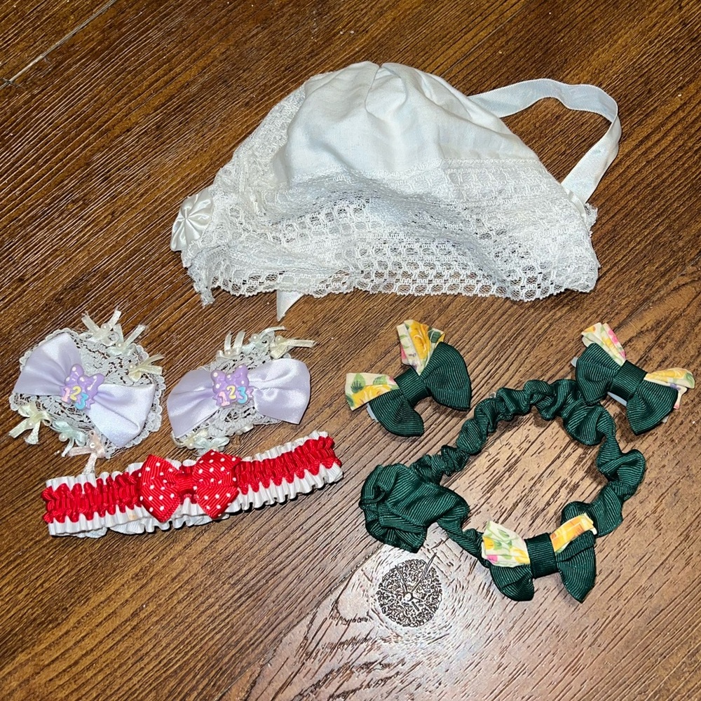 Vintage Baby Toddler White Lace Bonnet, Bows & Hair Clip Sets One Size